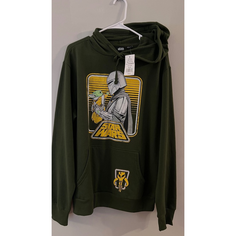 Star Wars Mandalorian Hoodie Mens M Green Grogu Graphic Pullover NWT